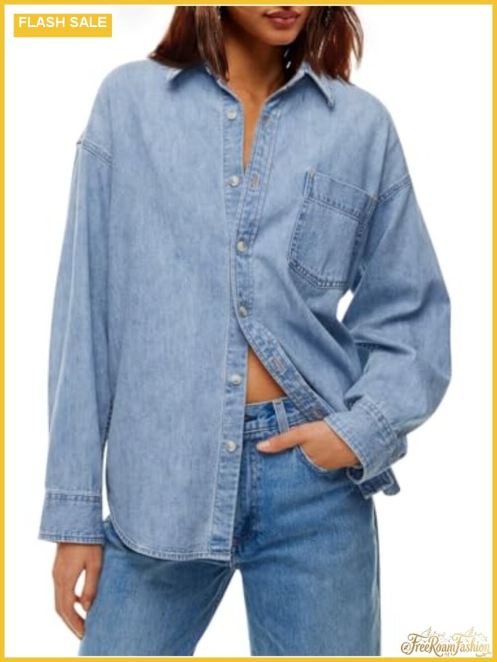 Oversized Denim Shirt Jacket 100% Cotton Button Down Long Sleeve